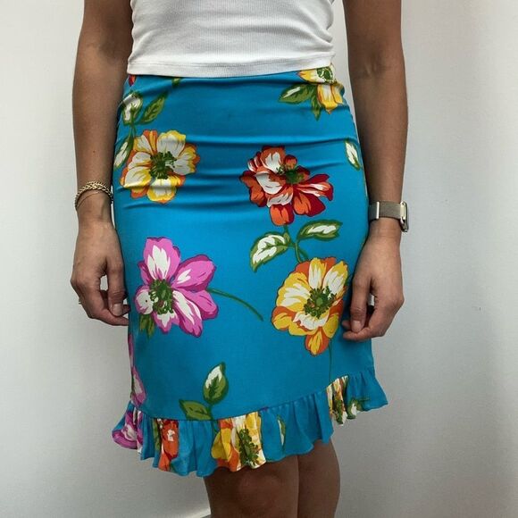 Ralph Lauren Y2K Vintage Blue Silk Floral Ruffle Hem Pencil Mini Skirt Size 2 - Picture 3 of 8